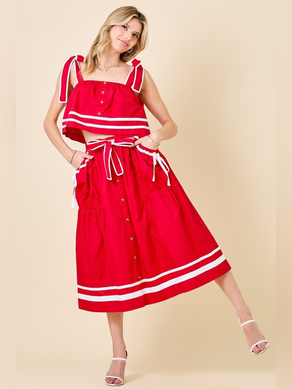 Day + Moon Bright Red Midi Skirt with White Stripe Hem With A Tank top With Bows